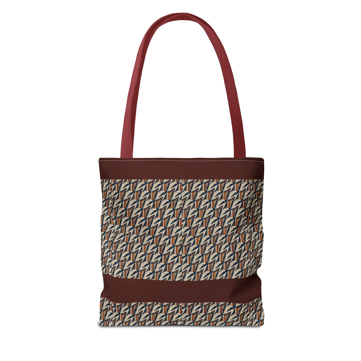 Geometric Retro Stripe Tote Bag – Vintage Brown Patterned AOP Tote with burgundy handles, large everyday cotton tote for a vintage-inspired look