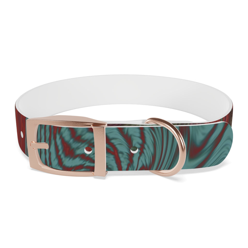 Beautiful rose gold finish on the Marbled Swirl Dog Collar — Red & Teal Abstract Pet Collar, highlighting its hypoallergenic dog collar benefits.