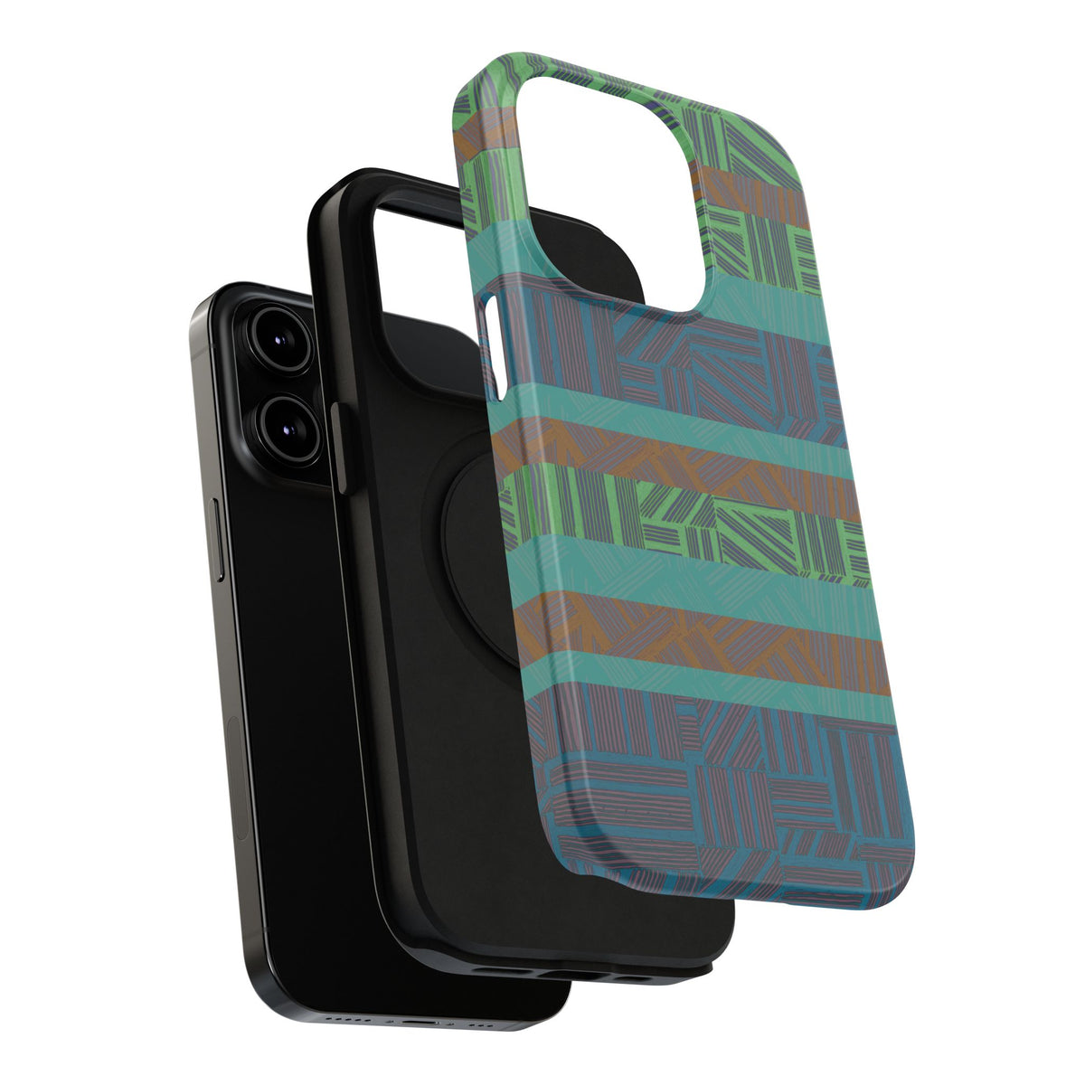 Green Geometric Stripe Phone Case — Impact-Resistant, wireless charging iphone 16 pro max case close-up emphasizing its raised camera rim.