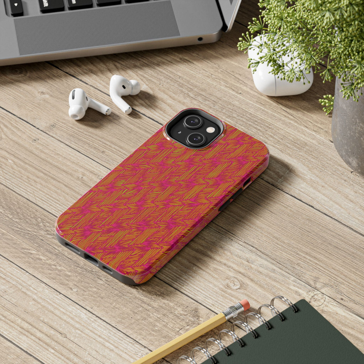 Tough Phone Case — Vibrant Tropical Herringbone Pattern, impact resistant iphone 17 case front and side product view