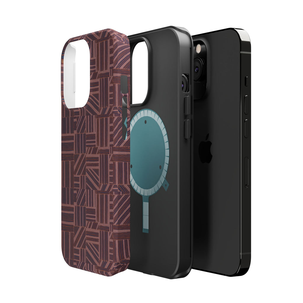 MagSafe Impact Resistant Phone Case - Geometric Brown Pattern, Dual-Layer Protection, floating case layers with MagSafe ring; impact resistant iphone 17 pro max case
