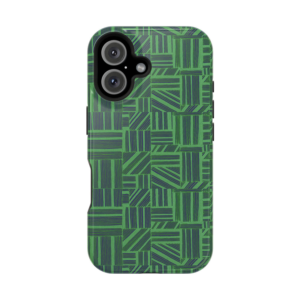 Green Magnetic Phone Case — 2-Layer Geometric MagSafe-Compatible Impact-Resistant Cover, green magnetic phone case- price match with CASETiFY and Casely, full rear view of geometric green phone cover.