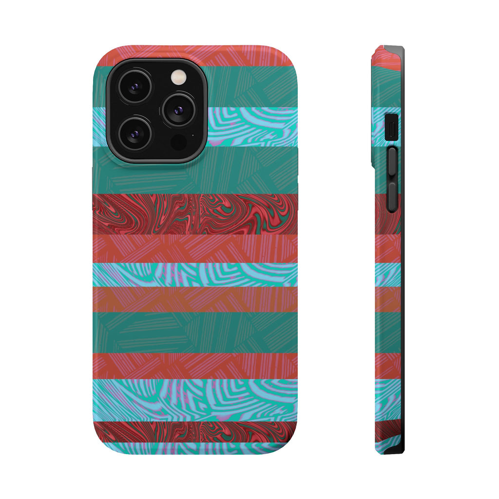 Striped Teal & Coral Magnetic Impact Phone Case rear view with camera protection, Fractyl magsafe compatible iphone 18 pro max case