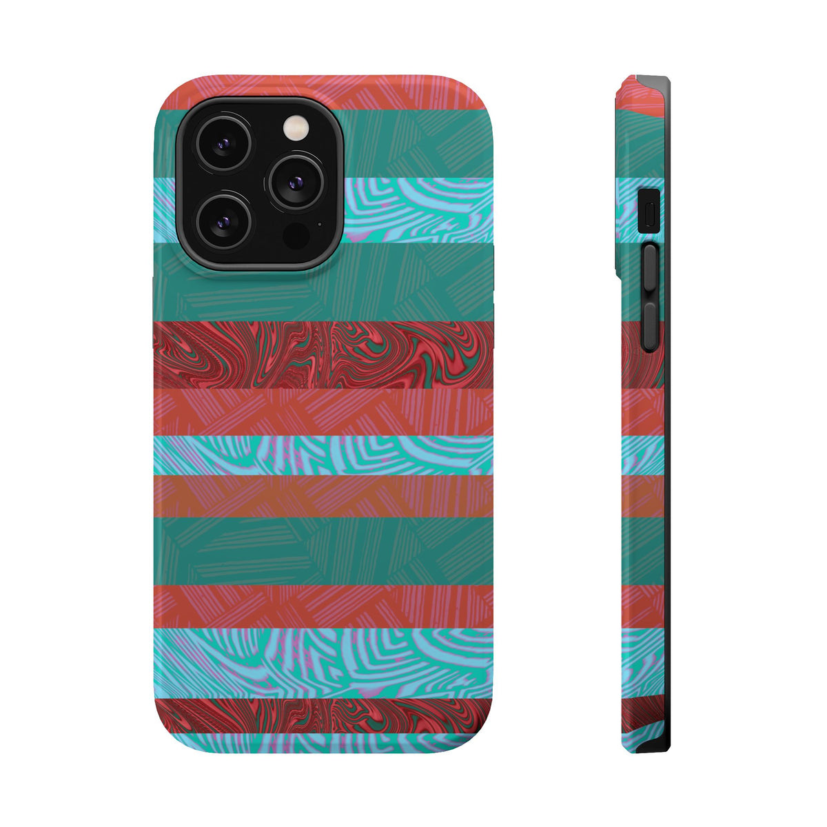 Striped Teal & Coral Magnetic Impact Phone Case rear view with camera protection, Fractyl magsafe compatible iphone 18 pro max case