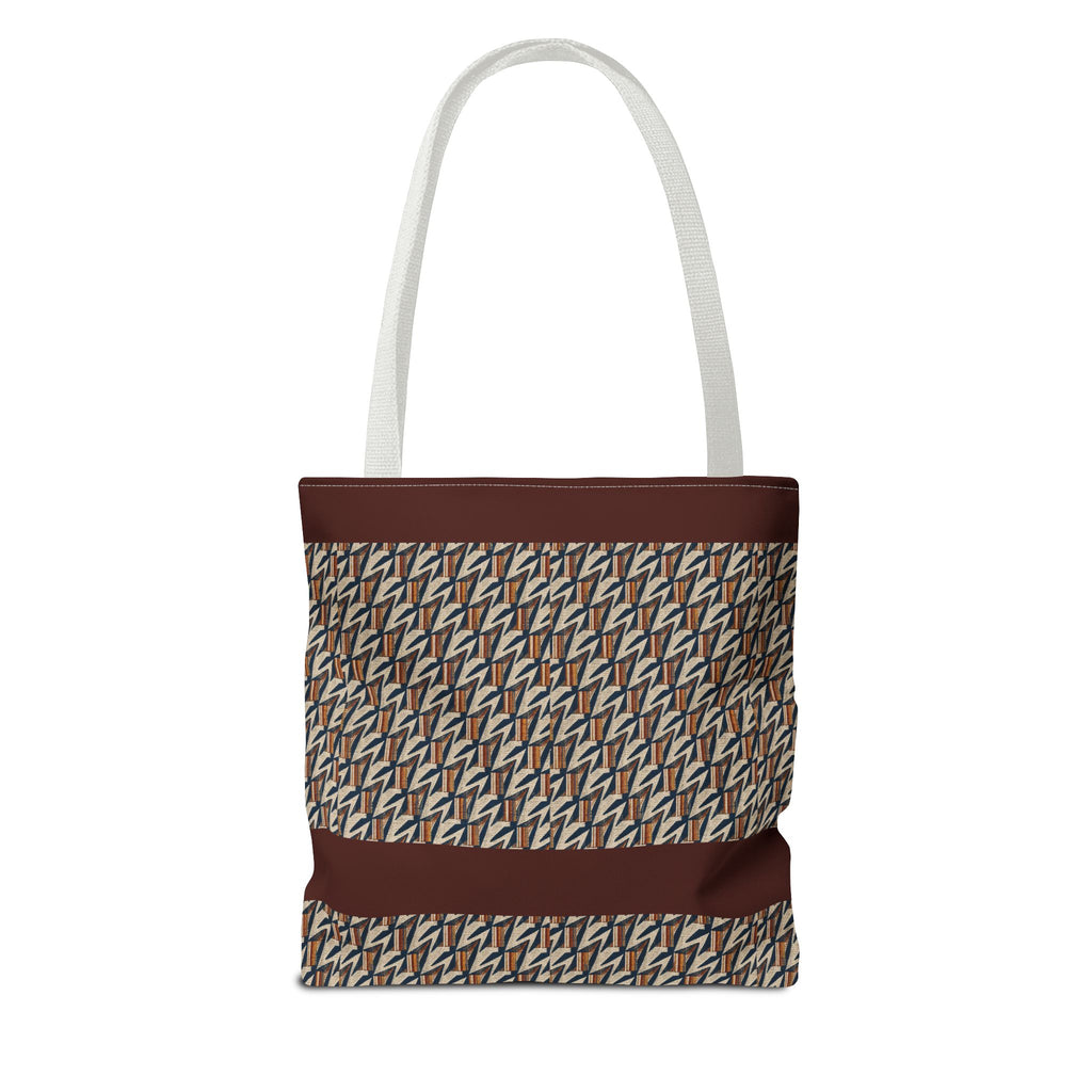 Geometric Retro Stripe Tote Bag – Vintage Brown Patterned AOP Tote with white handles, large everyday cotton tote for books and groceries