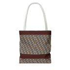 Geometric Retro Stripe Tote Bag – Vintage Brown Patterned AOP Tote with white handles, large everyday cotton tote for books and groceries