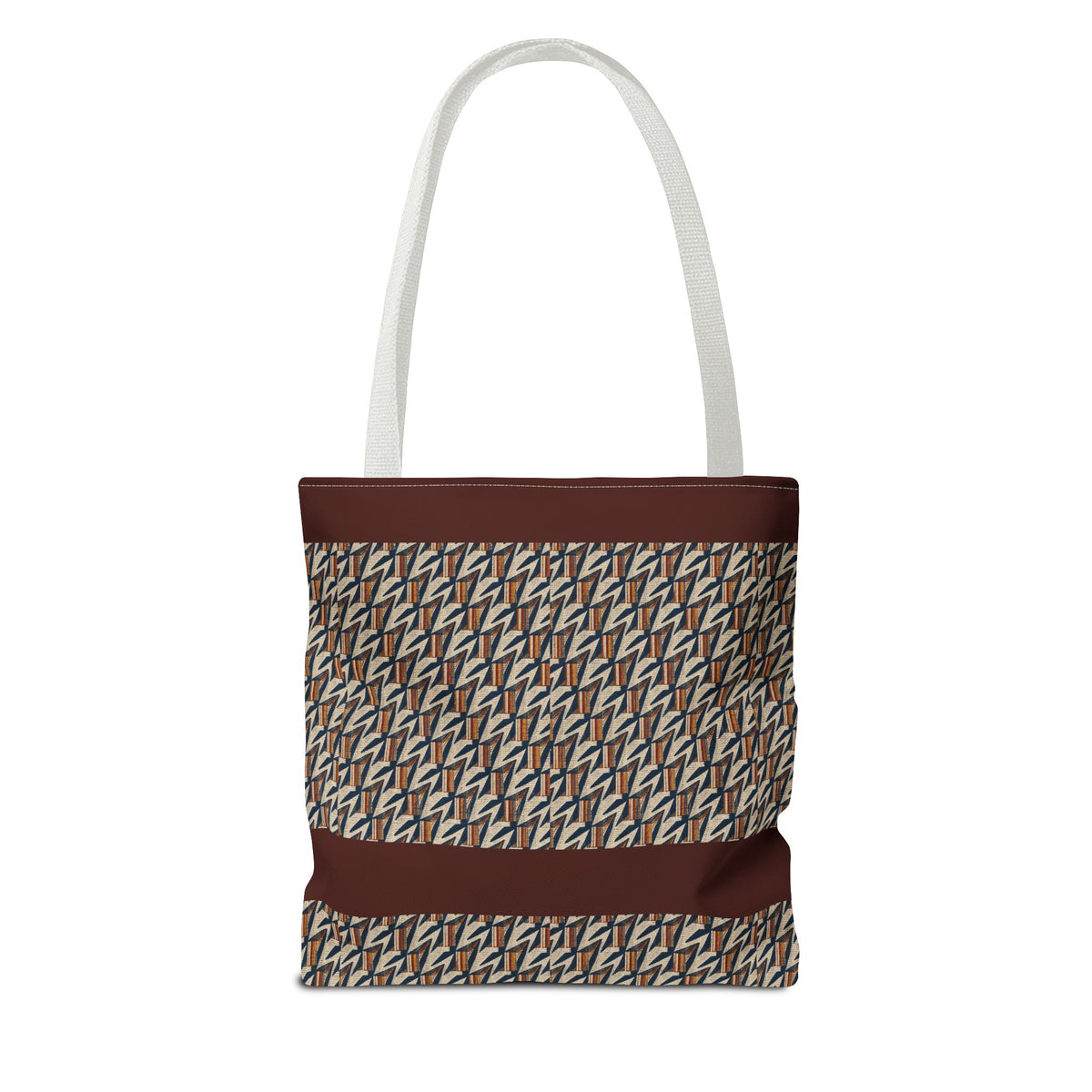 Geometric Retro Stripe Tote Bag – Vintage Brown Patterned AOP Tote with white handles, large everyday cotton tote for books and groceries