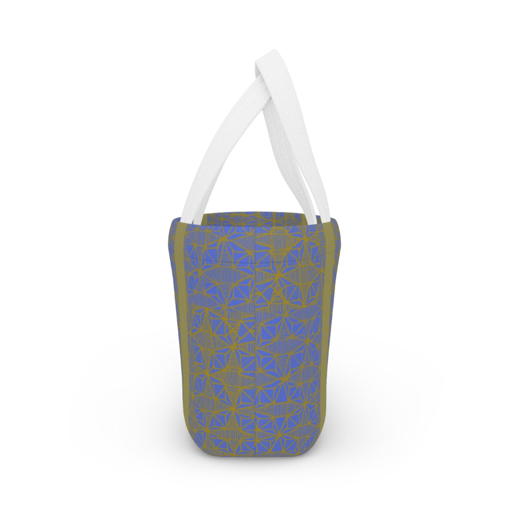 Versatile Geometric Blue Olive Insulated Lunch Bag from a side angle, perfectly designed as a compact lunch bag for easy transport.