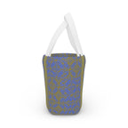 Versatile Geometric Blue Olive Insulated Lunch Bag from a side angle, perfectly designed as a compact lunch bag for easy transport.