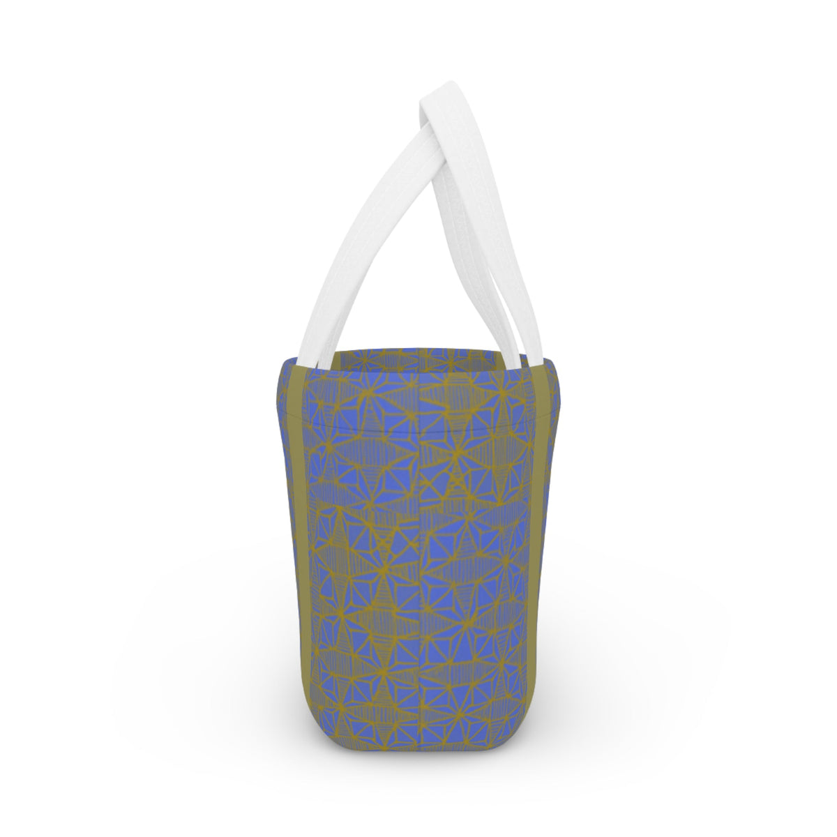 Versatile Geometric Blue Olive Insulated Lunch Bag from a side angle, perfectly designed as a compact lunch bag for easy transport.