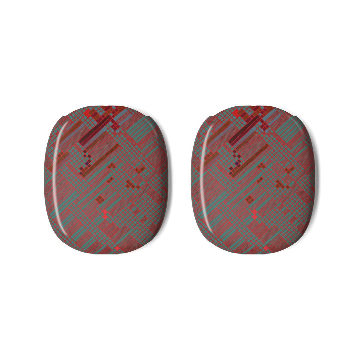 Detailed image of two protective shells for AirPods Max in a striking Red Geometric Plaid pattern, designed by Printify to enhance your headphones with both style and protection.