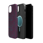 Slim Protective Phone Case With MagSafe, Dual-Layer Impact Protection, Plum Geometric Design, close rear view highlighting the artistic woven pattern; slim protective iphone 16 promax  case.