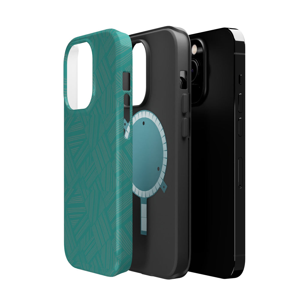 Magnetic Impact-Resistant Phone Case — Teal Geometric Protective Cover, magnetic iphone 18 pro case standing on a tabletop