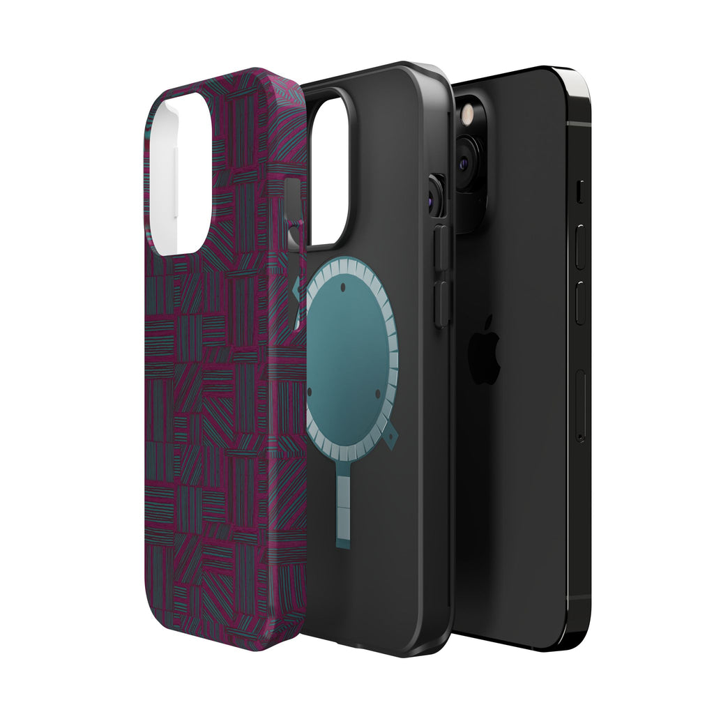Slim Protective Phone Case With MagSafe, Dual-Layer Impact Protection, Plum Geometric Design, upright dual-camera case displayed on a wood console; slim protective iphone 16 promax  case.