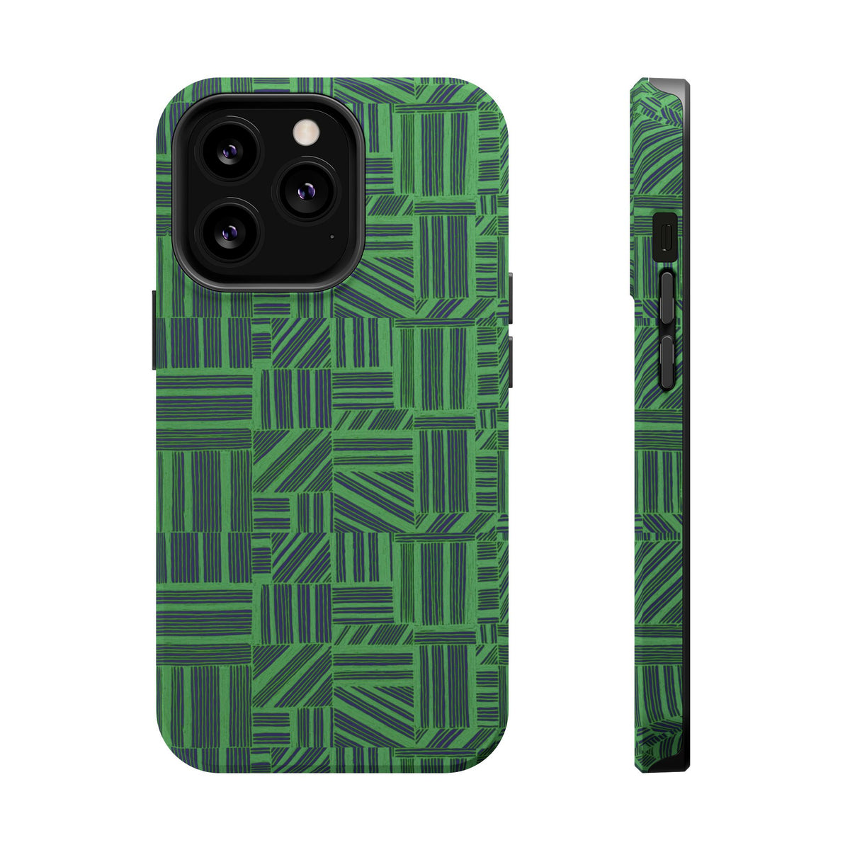 Green Magnetic Phone Case — 2-Layer Geometric MagSafe-Compatible Impact-Resistant Cover, green magnetic phone case- price match with CASETiFY and Casely, rear camera protection and textured geometric print.