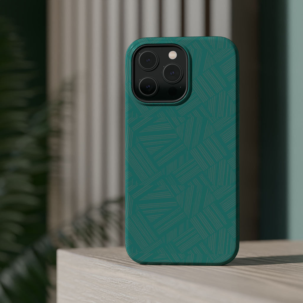 Magnetic Impact-Resistant Phone Case — Teal Geometric Protective Cover, magnetic iphone 18 pro case angled lifestyle image