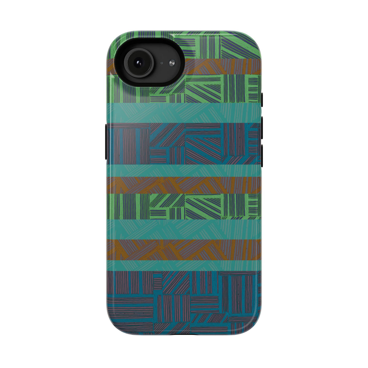 Green Geometric Stripe Phone Case — Impact-Resistant, wireless charging iphone 16 pro max case showing its protective camera surround.