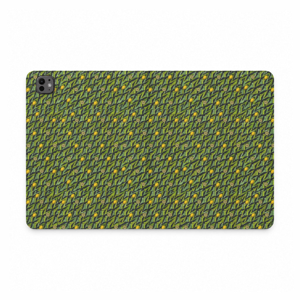 Green Botanical Pattern Tablet Folio Case, a vegan leather tablet case with repeating moss-green botanical print and dual camera cutout