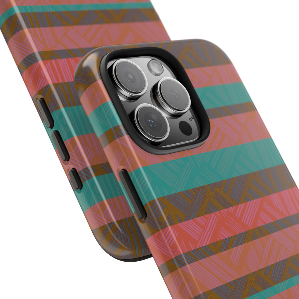 Striped Tribal Tough Phone Case — Retro Teal & Coral Protective Cover highlighting accessible charging ports and protective edges on a fractyl shockproof iphone 17 pro case