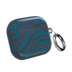 Geometric Teal Stripe AirPod Case — Modern Patterned Protective Cover, a stylish airpod case with carabiner displayed with its convenient metal clip.
