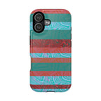 Striped Teal & Coral Magnetic Impact Phone Case full rear view, Fractyl magsafe compatible iphone 18 pro max case with artistic striped print