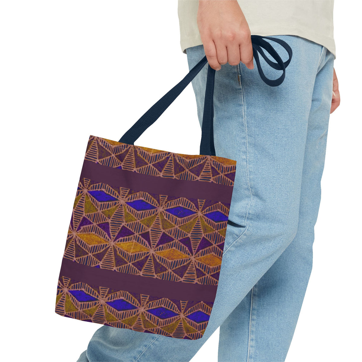 Bohemian Geometric Pattern Tote Bag — Purple & Gold All-Over Print, model carrying a navy-handle printed canvas tote