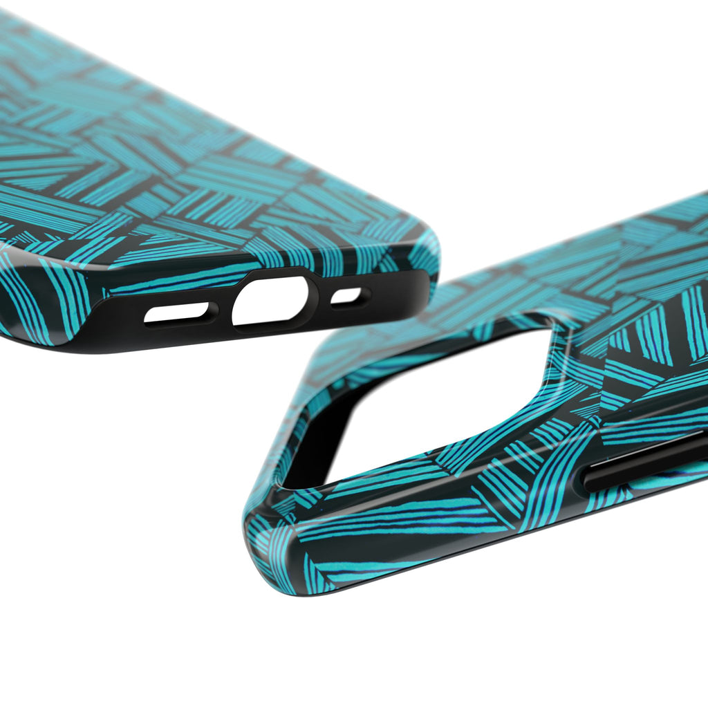 Teal Geometric Tough Phone Case — Durable Protective Phone Case with Modern Stripe Pattern, two-piece design of a teal shockproof iphone 18 pro max case
