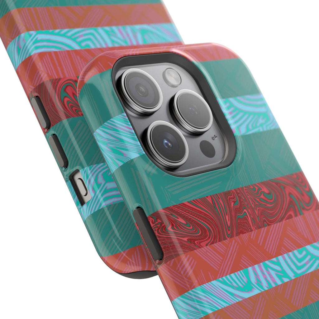 Striped Teal & Coral Magnetic Impact Phone Case close-up with triple-camera opening, Fractyl magsafe compatible iphone 18 pro max case