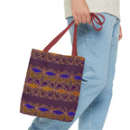 Bohemian Geometric Pattern Tote Bag — Purple & Gold All-Over Print, model carrying a burgundy-handle printed canvas tote