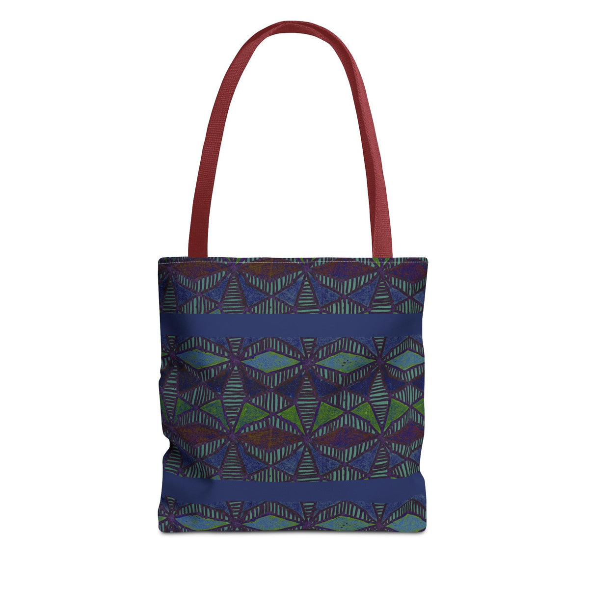 Geometric Indigo Printed Canvas Market Tote With Reinforced Handles And Boxed Corners, large cotton tote with burgundy handles