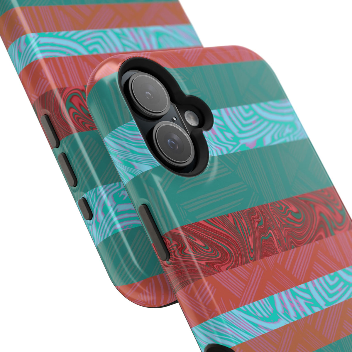 Striped Teal & Coral Magnetic Impact Phone Case separated from smartphone shell, Fractyl magsafe compatible iphone 18 pro max case