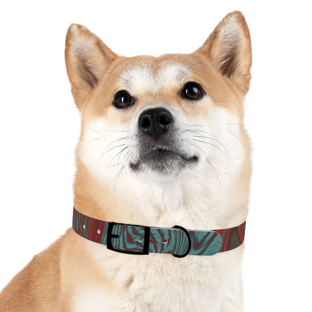Close view of the silver buckle on the Marbled Swirl Dog Collar — Red & Teal Abstract Pet Collar, underlining its hypoallergenic dog collar benefits.