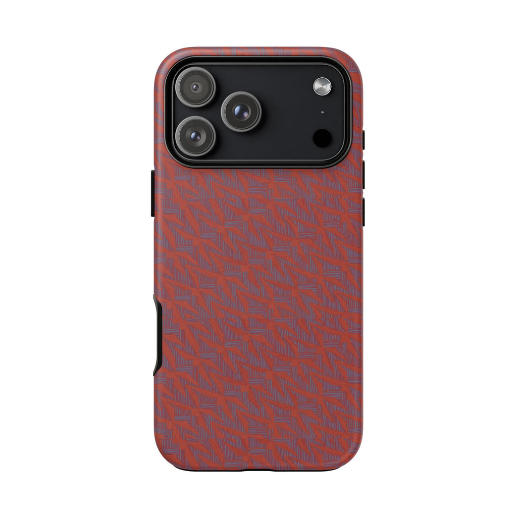 Red Pebble Texture Tough Phone Case — Rugged Shockproof iPhone Cover, wireless charging iphone 17 promax case shown from the back with triple-camera cutout