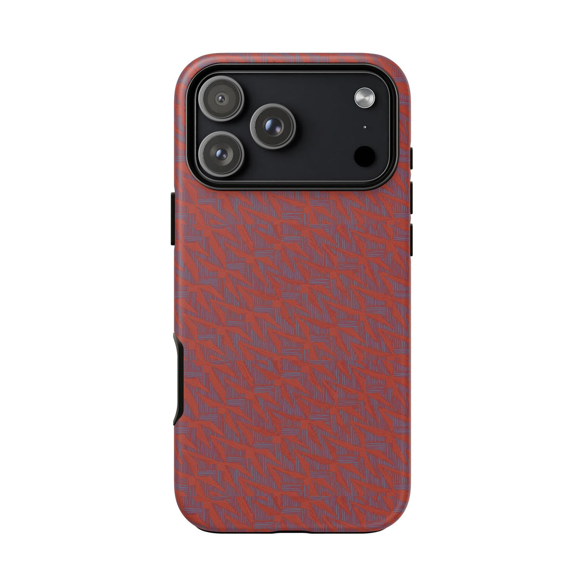 Red Pebble Texture Tough Phone Case — Rugged Shockproof iPhone Cover, wireless charging iphone 17 promax case shown from the back with triple-camera cutout