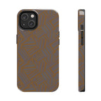 Tough Phone Case — Geometric Maze Brown Protective Cover, wireless charging iphone 18 pro max case shown with camera cutouts and reinforced side edges.