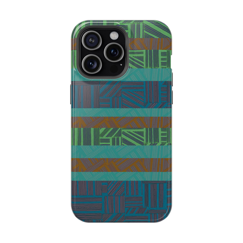 Green Geometric Stripe Phone Case — Impact-Resistant, wireless charging iphone 16 pro max case shown in a clean rear product view.