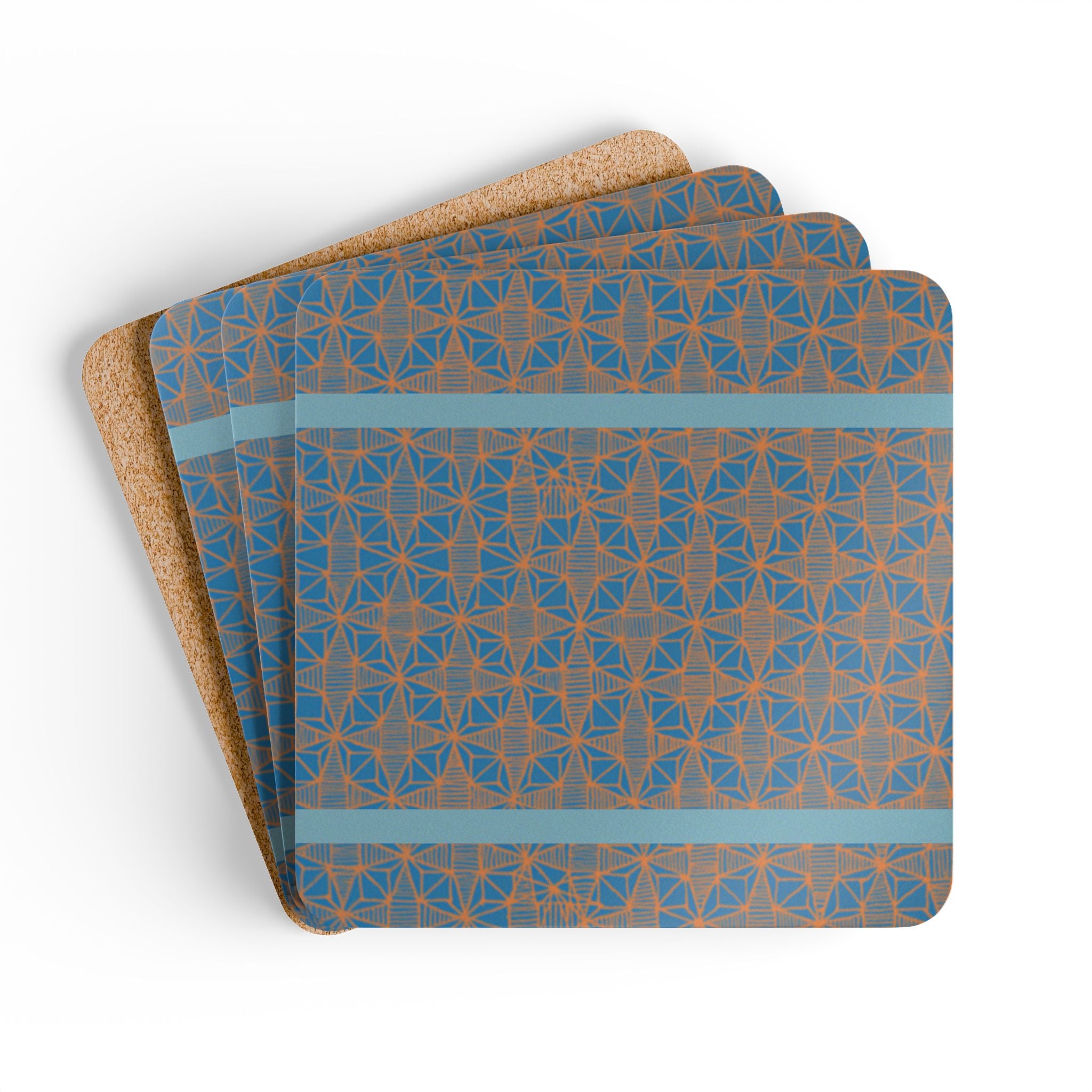 Geometric Blue & Copper Coaster Set (4) — Modern Pattern Cork Back Coasters