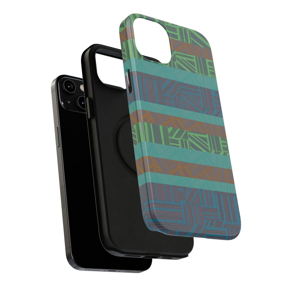 Green Geometric Stripe Phone Case — Impact-Resistant, wireless charging iphone 16 pro max case shown in an exploded protective case presentation.