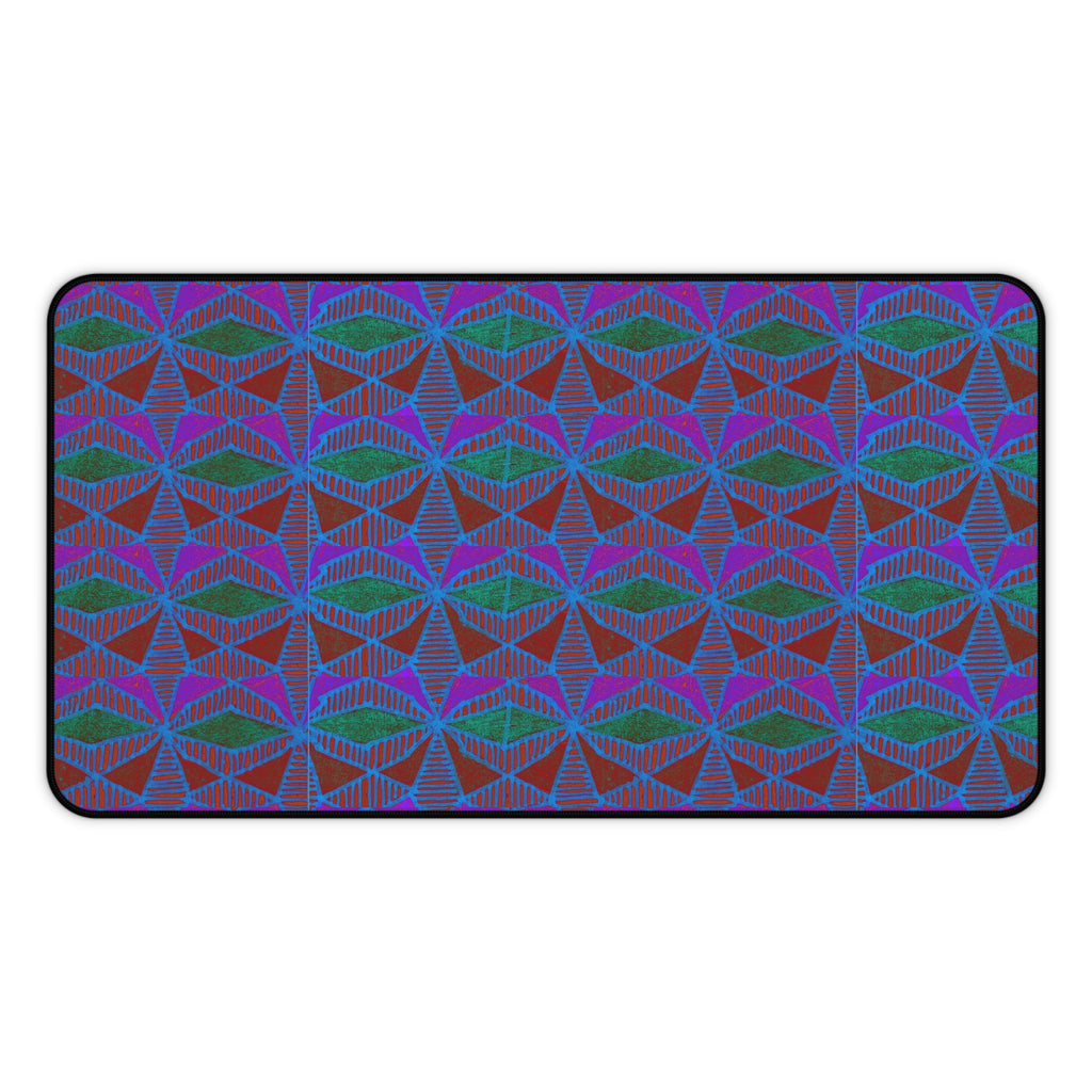 Geometric Neon Wave Desk Mat — Retro Purple & Teal Gamer Desk Pad gaming desk mat displayed in a wide rectangular size with purple and teal geometric design.