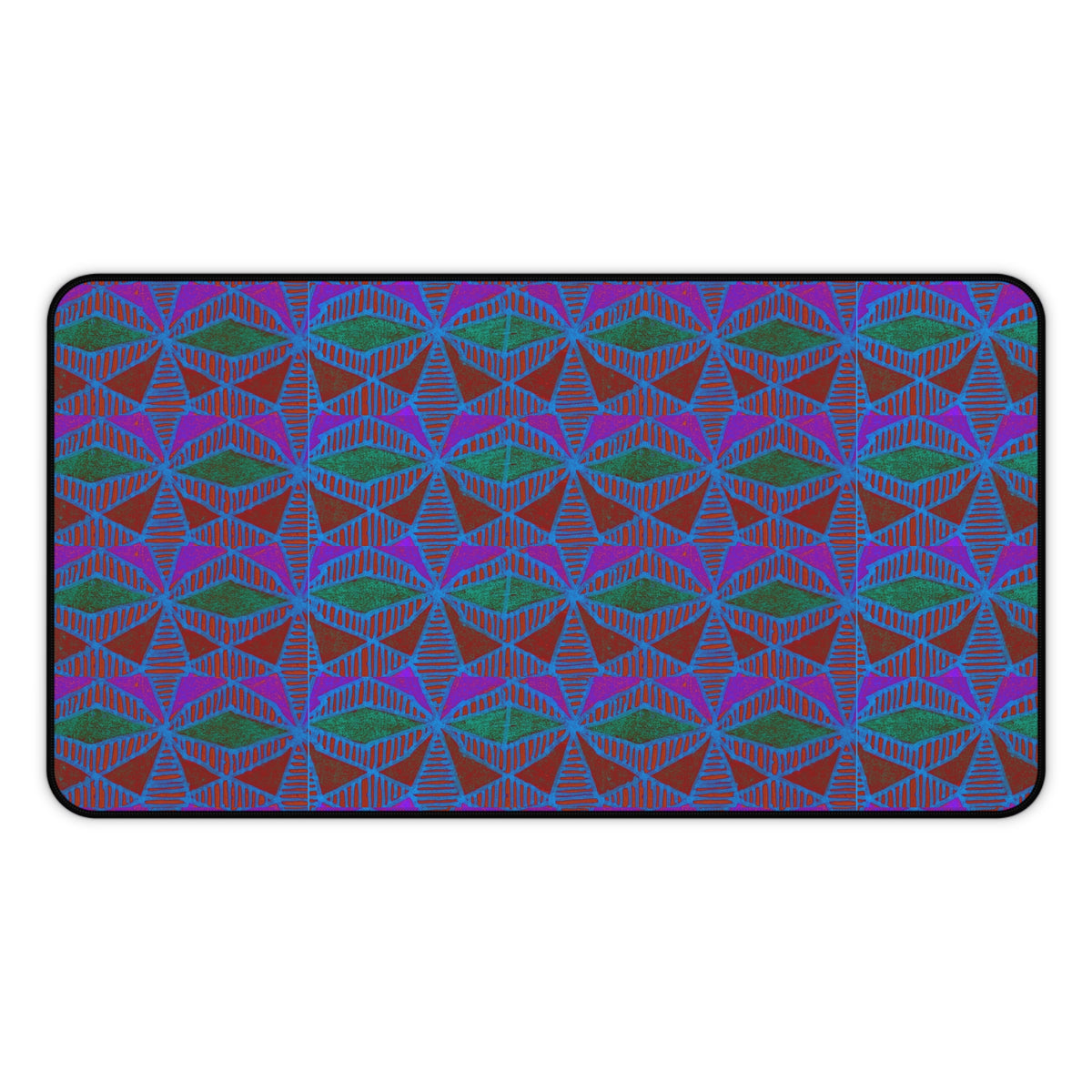 Geometric Neon Wave Desk Mat — Retro Purple & Teal Gamer Desk Pad gaming desk mat displayed in a wide rectangular size with purple and teal geometric design.