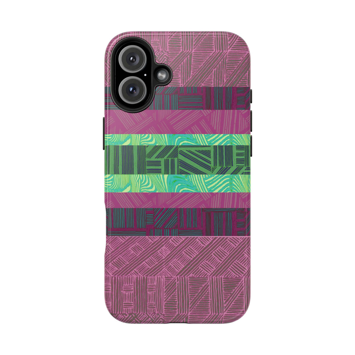 Fractyl glossy protective iphone 18 pro max case, Geometric Stripes Tough Phone Case — Purple & Teal Tribal Pattern, geometric patterned iPhone cover