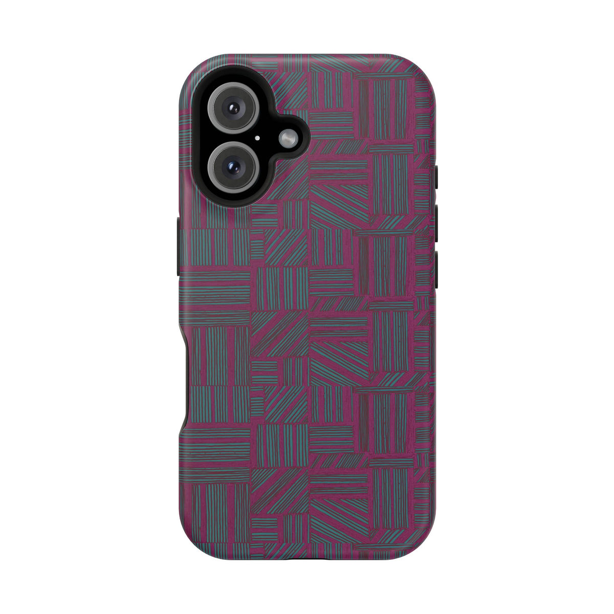 Slim Protective Phone Case With MagSafe, Dual-Layer Impact Protection, Plum Geometric Design, detailed triple-camera cutout and full-wrap plum artwork; slim protective iphone 16 promax  case.
