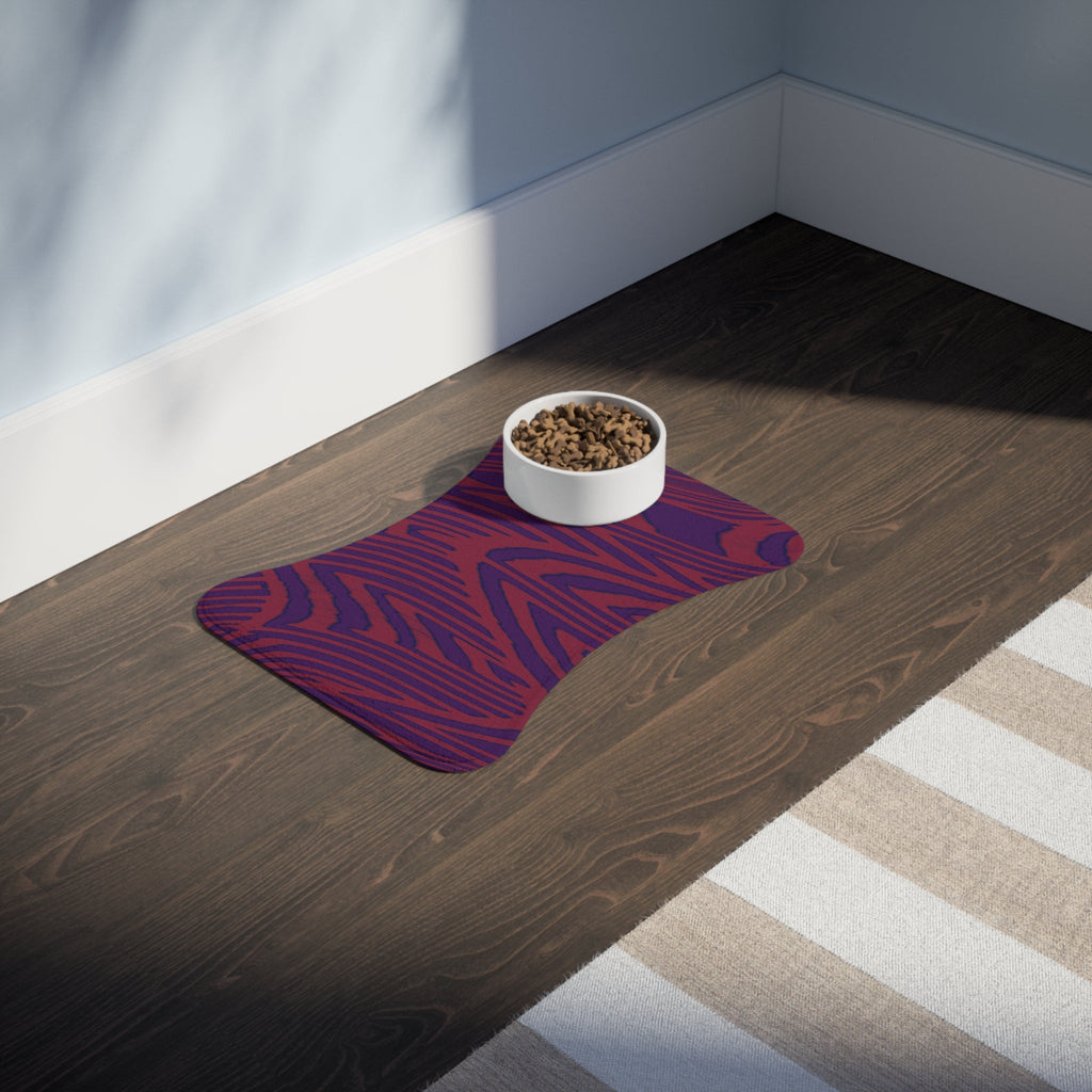 Beautifully designed Pet Feeding Mat with a wood grain pattern in vibrant purple and red. This memory foam dog mat is an excellent choice for pet owners looking for a functional feeding mat. It provides a stable surface for dog and cat bowls, serving as a non-slip mat, a washable mat, and a stylish addition to any feeding area.