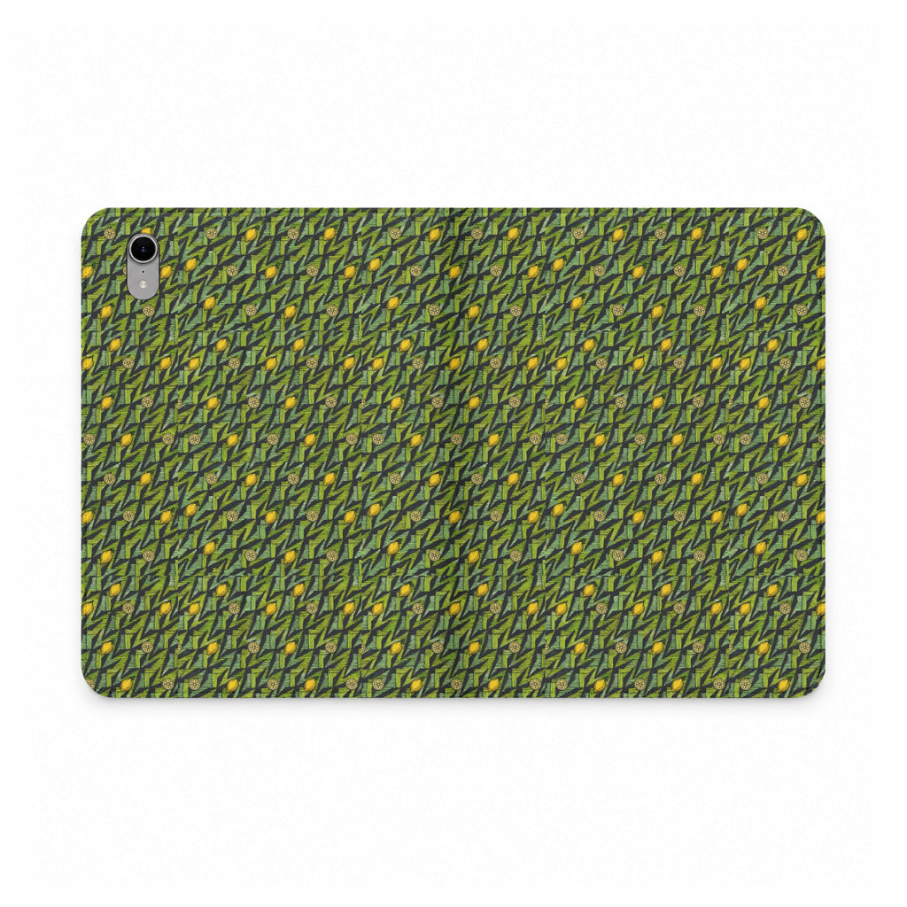Green Botanical Pattern Tablet Folio Case, a vegan leather tablet case with detailed woodland-inspired pattern and camera access cutout