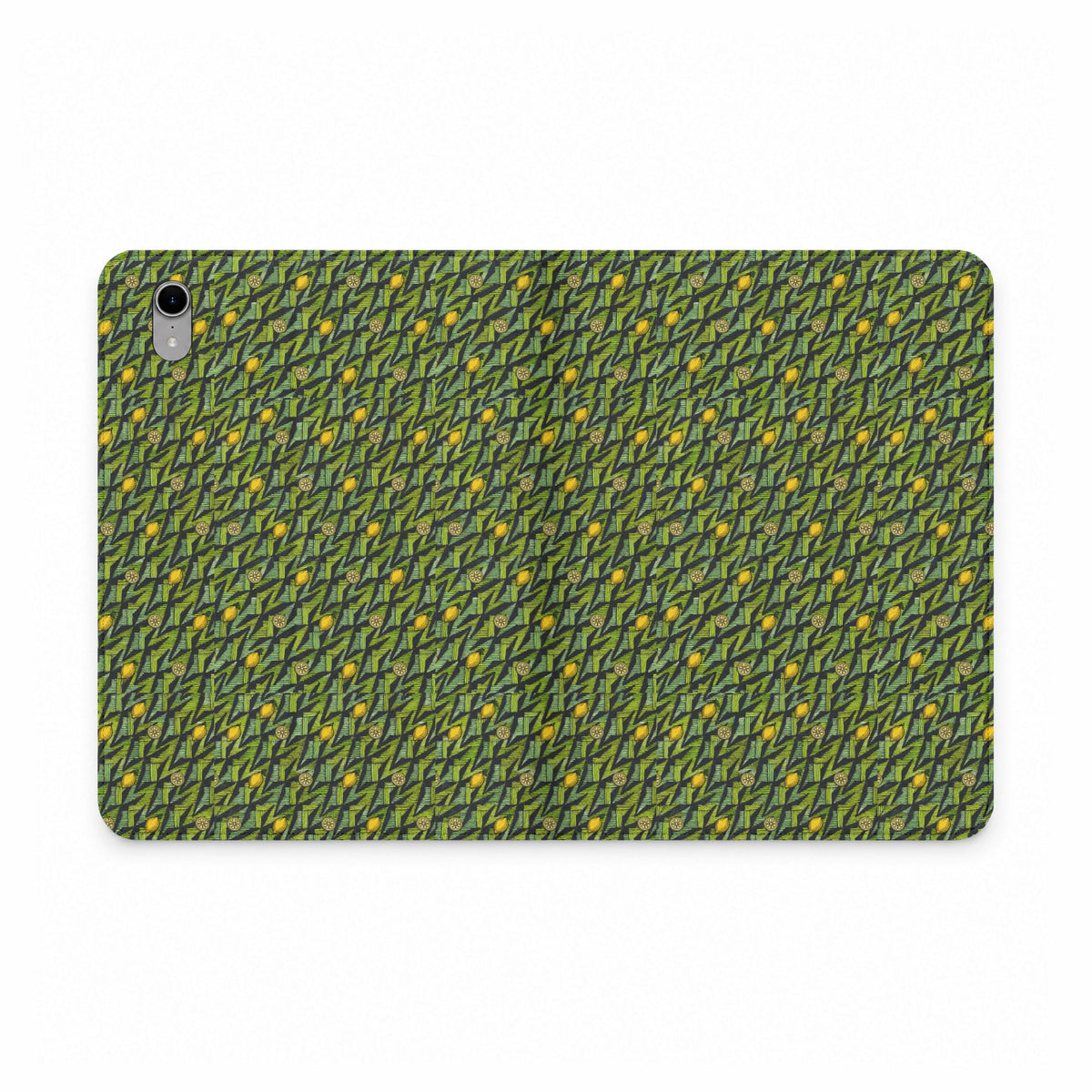 Green Botanical Pattern Tablet Folio Case, a vegan leather tablet case with detailed woodland-inspired pattern and camera access cutout