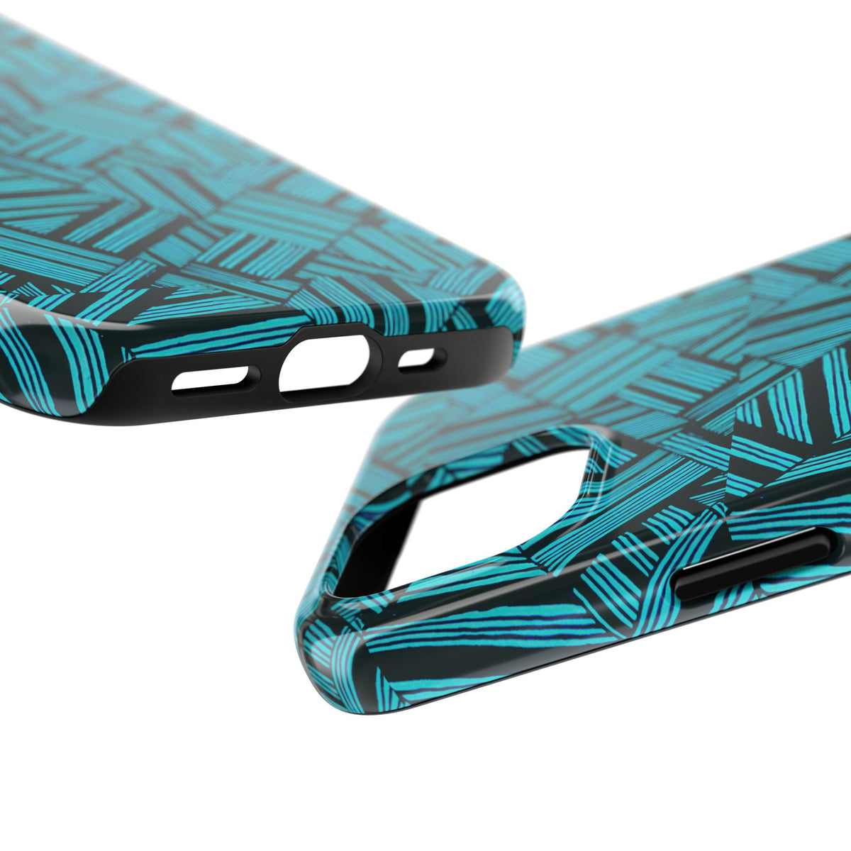 Teal Geometric Tough Phone Case — Durable Protective Phone Case with Modern Stripe Pattern, two-piece shockproof iphone 18 pro max case shown with phone
