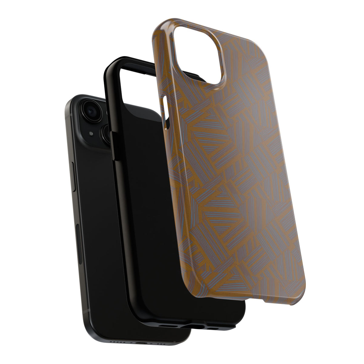 Tough Phone Case — Geometric Maze Brown Protective Cover, wireless charging iphone 18 pro max case close-up showing charging port and speaker openings.