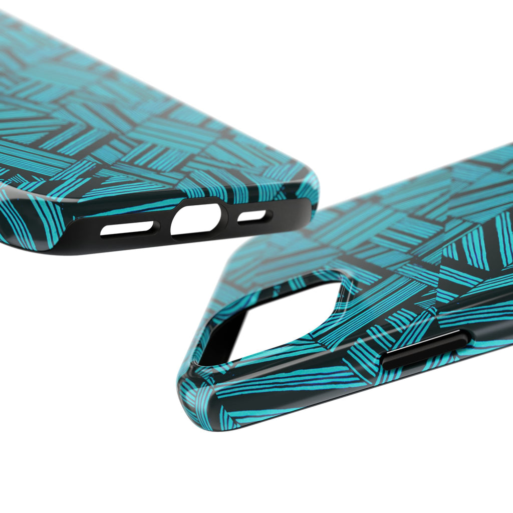 Teal Geometric Tough Phone Case — Durable Protective Phone Case with Modern Stripe Pattern, protective teal shockproof iphone 18 pro max case shown from an angle