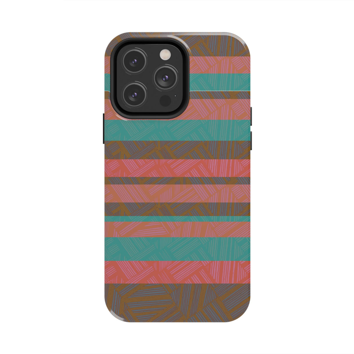 Striped Tribal Tough Phone Case — Retro Teal & Coral Protective Cover with full-coverage striped design on a fractyl shockproof iphone 17 pro case