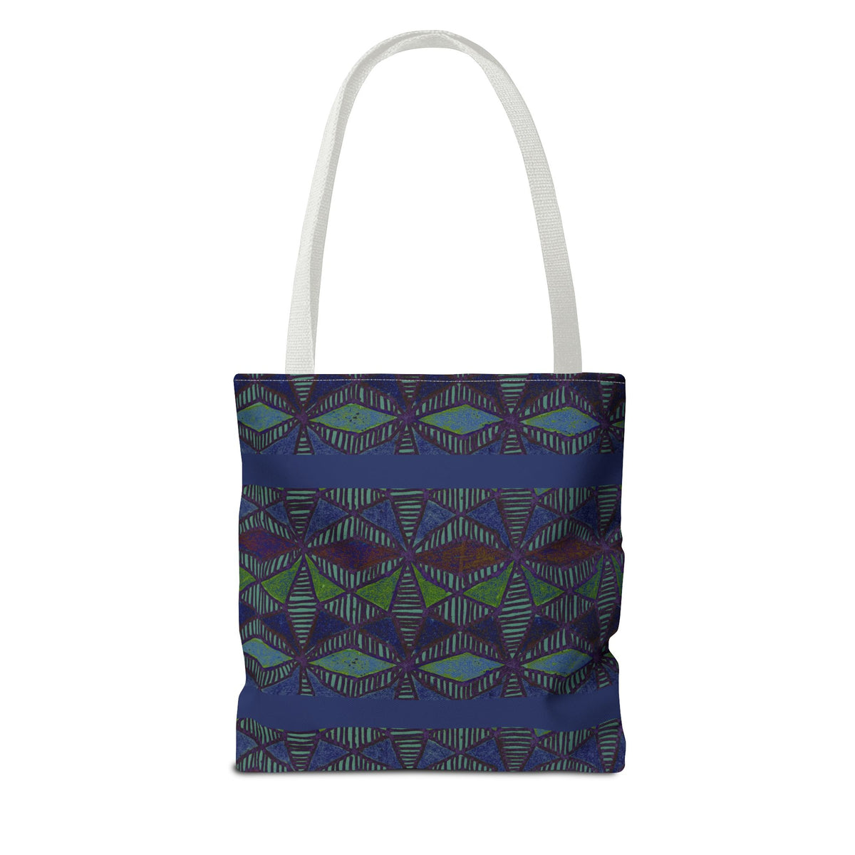 Geometric Indigo Printed Canvas Market Tote With Reinforced Handles And Boxed Corners, large cotton tote with natural handles